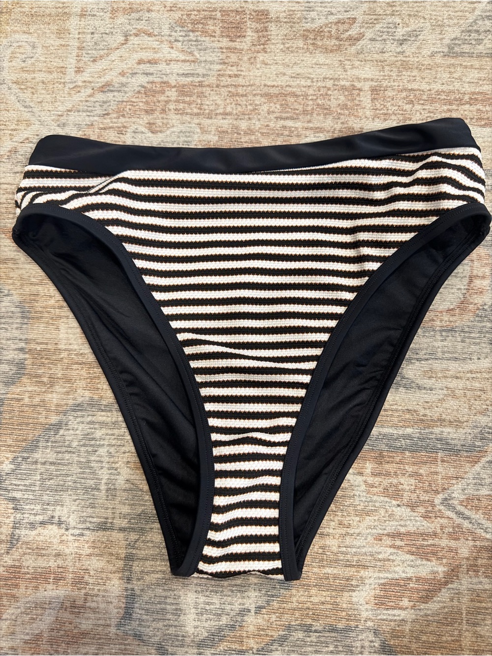 Cupshe Black and Cream with Copper Striped High-Waist Swim Bottom